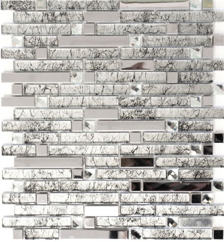 Glass mosaic rods mosaic tiles stainless steel white cream silver MOS86-0106