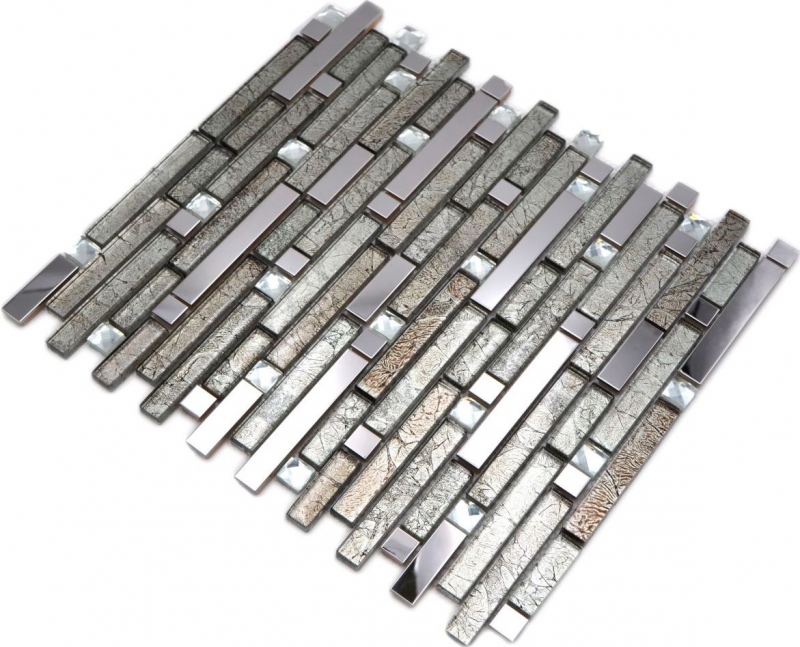 Glass mosaic rods mosaic tiles stainless steel white cream silver MOS86-0106