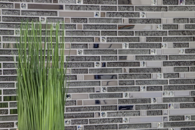 Glass mosaic rods mosaic tiles stainless steel white cream silver MOS86-0106