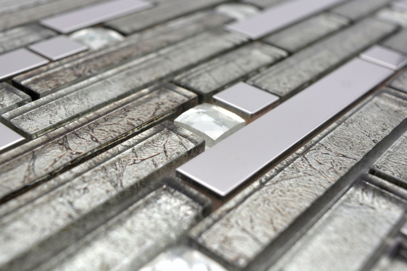 Glass mosaic rods mosaic tiles stainless steel white cream silver MOS86-0106