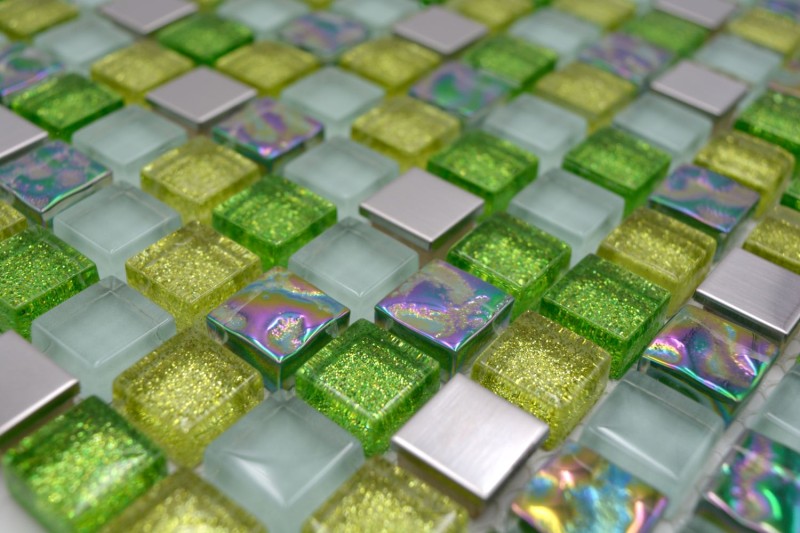 Glass mosaic mosaic tile stainless steel green lime silver glitter splashback wall cladding bathroom - MOS92-0506