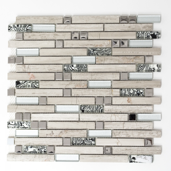 Glass mosaic natural stone rods mosaic tile stainless steel silver light beige gray white wall cladding kitchen wall - MOS86-0108