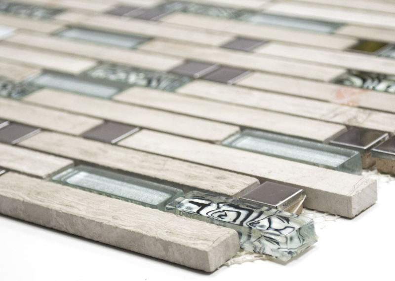 Mosaic tile translucent stainless steel white wood composite glass mosaic Crystal stone steel wood white MOS86-0108_f
