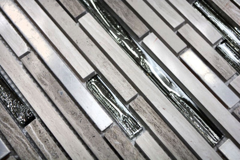 Glass mosaic natural stone rods stainless steel marble gray white light gray silver wall cladding kitchen bathroom WC - MOS86-SV85