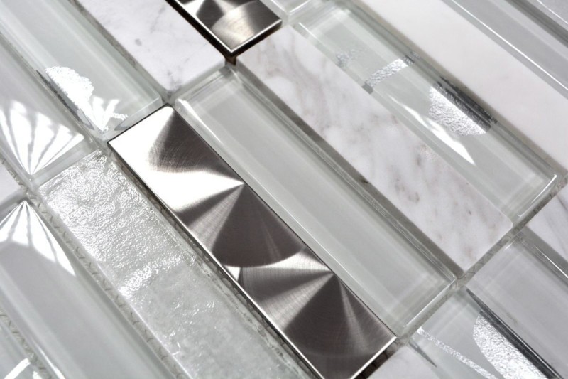 Rectangular mosaic tiles glass mosaic stainless steel natural stone white silver tile mirror shower wall bathroom WC - MOS87-11X