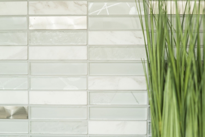 Rectangular mosaic tiles glass mosaic stainless steel natural stone white silver tile mirror shower wall bathroom WC - MOS87-11X