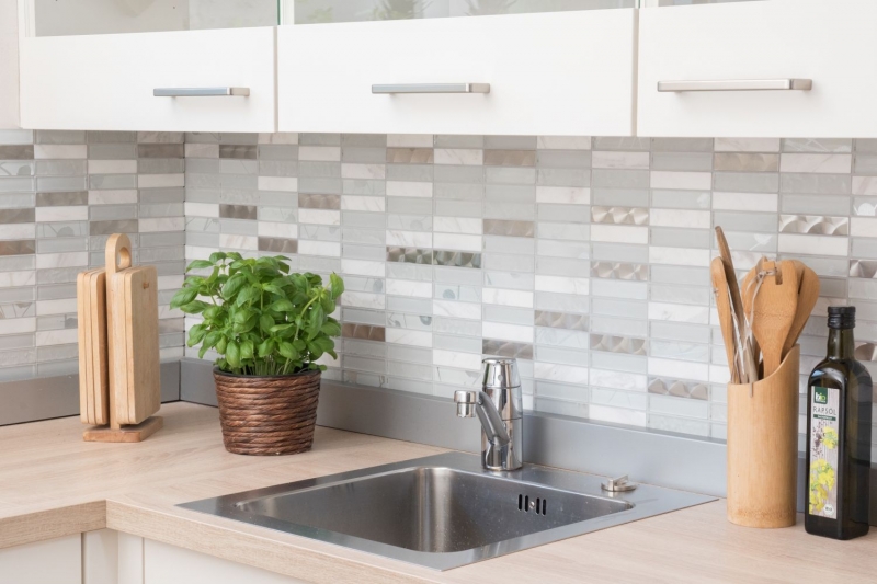Rectangular mosaic tiles glass mosaic stainless steel natural stone white silver tile mirror shower wall bathroom WC - MOS87-11X