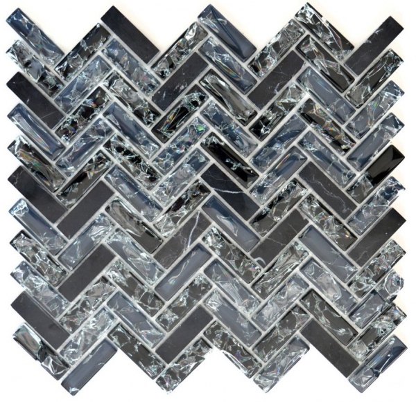 Hand-patterned mosaic tile Translucent black herringbone glass mosaic Crystal stone black MOS87HB-0328_m