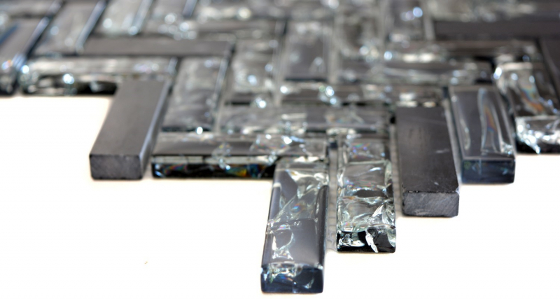 Hand-patterned mosaic tile Translucent black herringbone glass mosaic Crystal stone black MOS87HB-0328_m