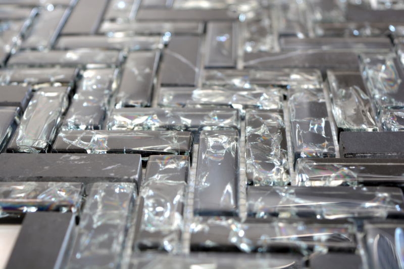 Hand-patterned mosaic tile Translucent black herringbone glass mosaic Crystal stone black MOS87HB-0328_m