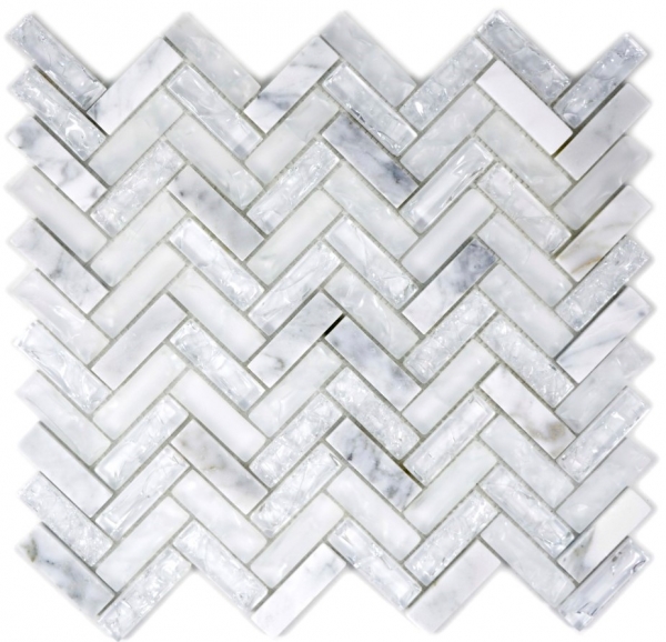 Hand-painted mosaic tile Translucent white herringbone glass mosaic Crystal stone white MOS87HB-0111_m
