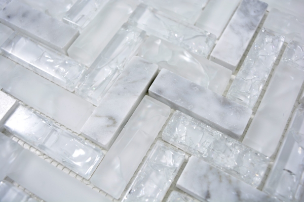 Hand-painted mosaic tile Translucent white herringbone glass mosaic Crystal stone white MOS87HB-0111_m