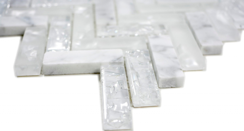 Hand-painted mosaic tile Translucent white herringbone glass mosaic Crystal stone white MOS87HB-0111_m