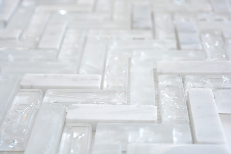 Hand-painted mosaic tile Translucent white herringbone glass mosaic Crystal stone white MOS87HB-0111_m