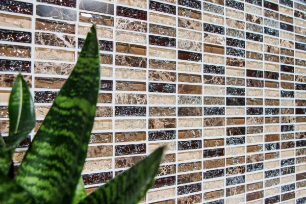 Rectangular mosaic tiles glass mosaic broken glass marble natural stone dark brown beige wall bathroom kitchen WC - MOS87-S1255
