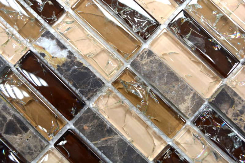 Rectangular mosaic tiles glass mosaic broken glass marble natural stone dark brown beige wall bathroom kitchen WC - MOS87-S1255