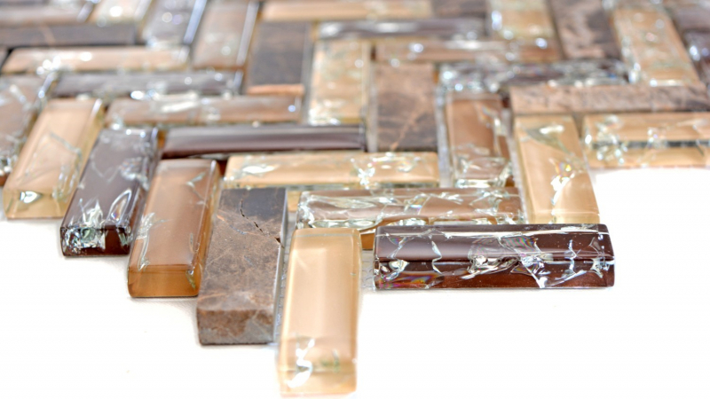 Hand-patterned mosaic tile Translucent dark brown herringbone glass mosaic Crystal stone emperador dark MOS87HB-1355_m