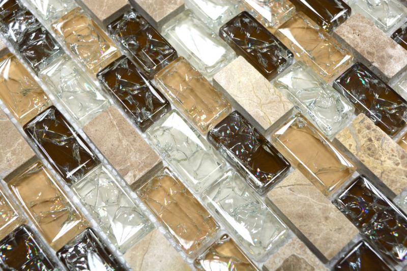 Hand-patterned mosaic tile Tile backsplash Translucent light beige Brick Glass mosaic Crystal stone emperador light MOS87-B1153_m