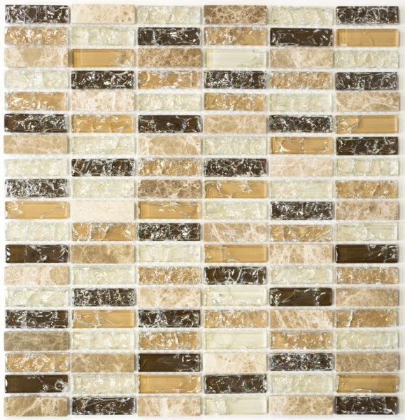 Rectangular mosaic tiles glass mosaic broken glass marble stone light brown beige cream wall bathroom kitchen WC - MOS87-S1253
