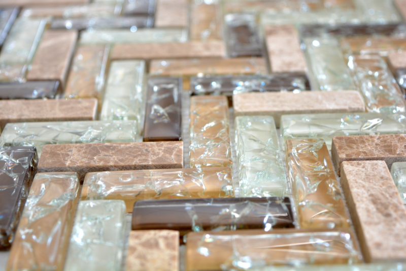 Hand-patterned mosaic tile Translucent light brown Herringbone glass mosaic Crystal stone emperador light MOS87HB-1253_m