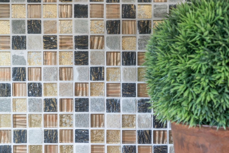 Natural stone rustic quartzite mosaic tile glass mosaic resin gold brown beige structure backsplash kitchen backsplash bathroom WC - MOS83-CR17