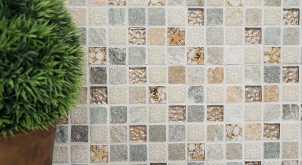 Natural stone rustic quartzite natural stone mosaic tile glass mosaic gold beige light gray honey tile backsplash wall cladding kitchen WC - MOS83-CR27
