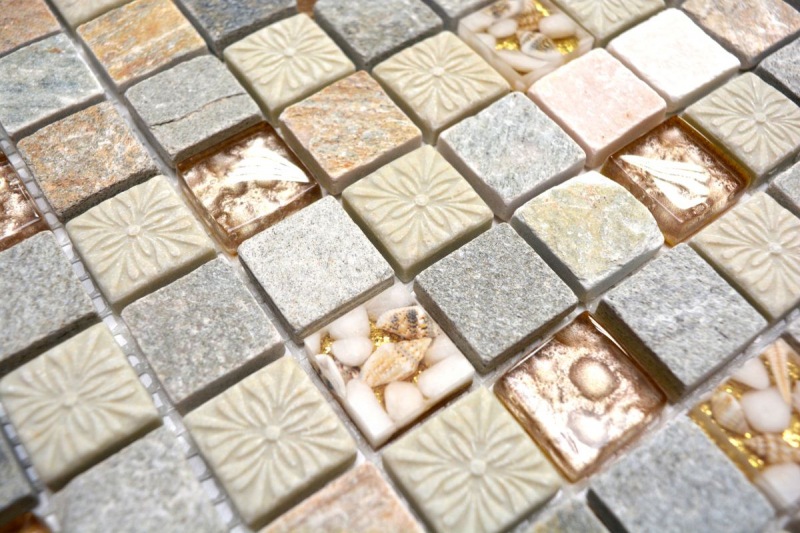 Natural stone rustic quartzite natural stone mosaic tile glass mosaic gold beige light gray honey tile backsplash wall cladding kitchen WC - MOS83-CR27