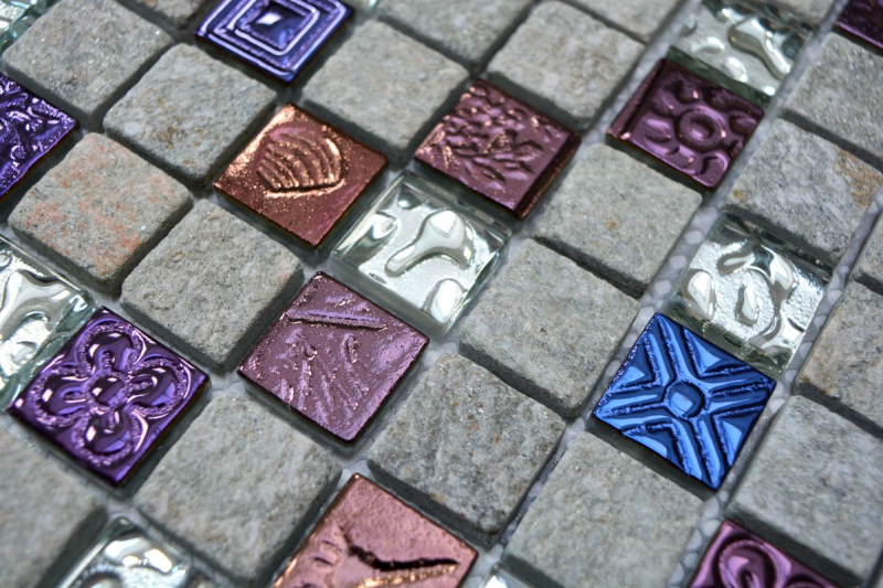 Hand-patterned mosaic tile Tile backsplash Translucent gray Glass mosaic Crystal stone design Quartzite gray MOS83-CR37_m