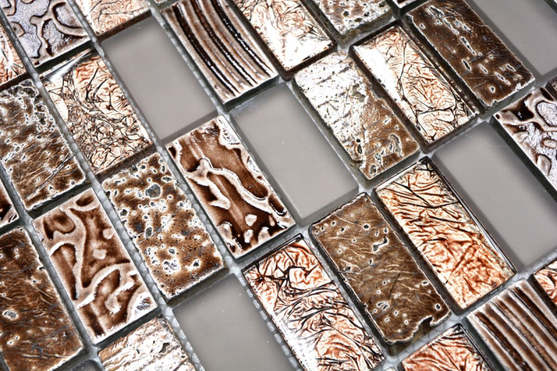 Rectangular mosaic tiles glass mosaic stone retro brown bronze beige structure wall cladding bathroom WC - MOS83-CRS6