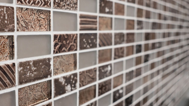 Rectangular mosaic tiles glass mosaic stone retro brown bronze beige structure wall cladding bathroom WC - MOS83-CRS6