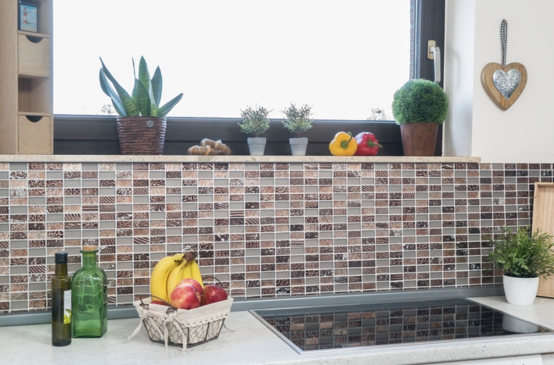 Rectangular mosaic tiles glass mosaic stone retro brown bronze beige structure wall cladding bathroom WC - MOS83-CRS6