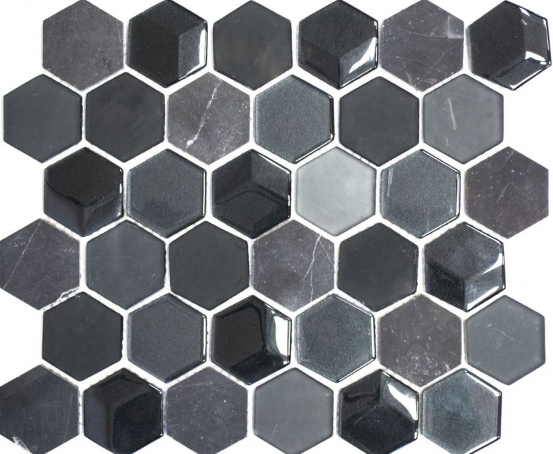 Hand-patterned mosaic tile Tile backsplash Translucent black Hexagon glass mosaic Crystal stone 3D black MOS11D-33_m