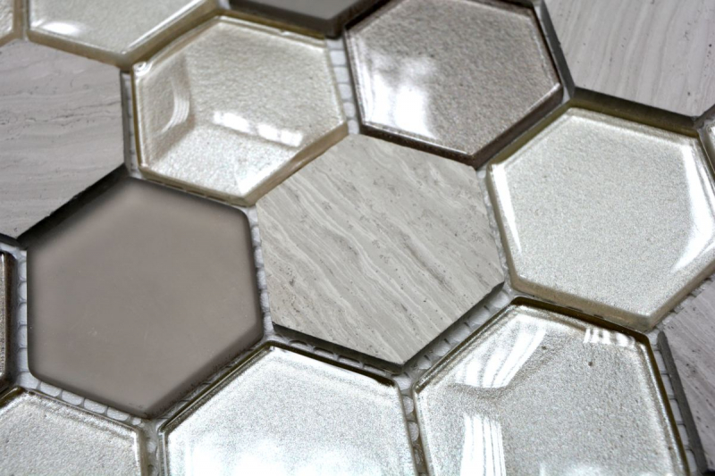 Hand-patterned mosaic tile Tile backsplash Translucent light gray Hexagon glass mosaic Crystal stone 3D light gray MOS11D-44_m