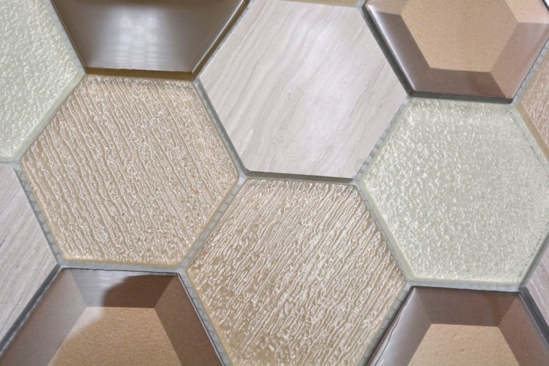 Hexagonal glass mosaic natural stone tiles beige cream bronze marble backsplash wall bathroom WC - MOS11E-77