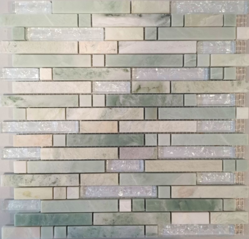 Glass mosaic natural stone mosaic tiles cream white greenish tint with shimmer Wall cladding kitchen bathroom WC - MOS87-MV738