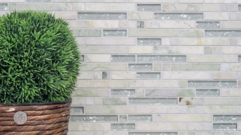 Glass mosaic natural stone mosaic tiles cream white greenish tint with shimmer Wall cladding kitchen bathroom WC - MOS87-MV738