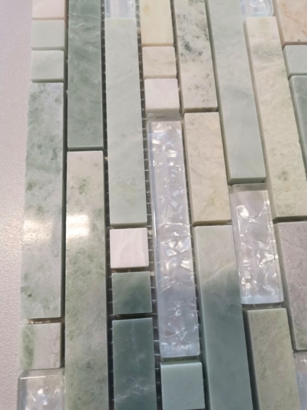 Glass mosaic natural stone mosaic tiles cream white greenish tint with shimmer Wall cladding kitchen bathroom WC - MOS87-MV738