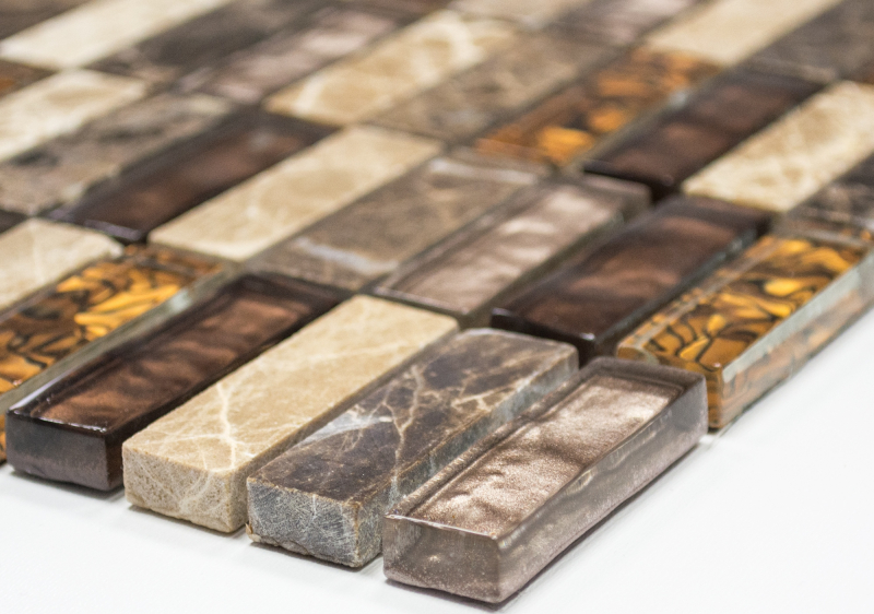 Strip mosaic tiles glass mosaic beige brown cream orange natural stone marble wall kitchen bathroom WC - MOS87-1310