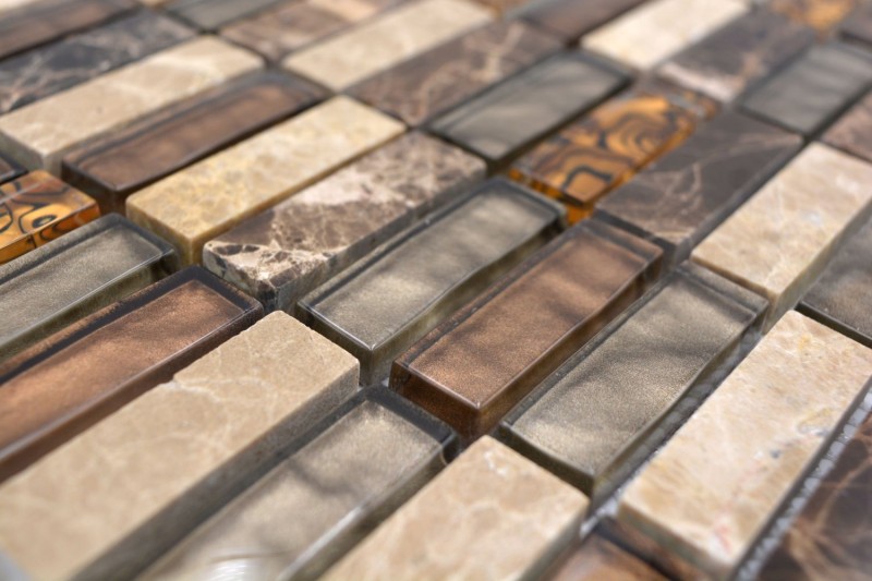 Strip mosaic tiles glass mosaic beige brown cream orange natural stone marble wall kitchen bathroom WC - MOS87-1310