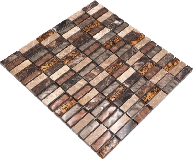 Strip mosaic tiles glass mosaic beige brown cream orange natural stone marble wall kitchen bathroom WC - MOS87-1310