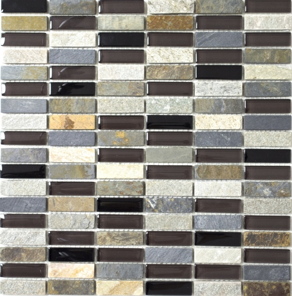Rectangular mosaic tiles glass mosaic strips beige brown gray black natural stone tile backsplash wall bathroom kitchen - MOS87-1313