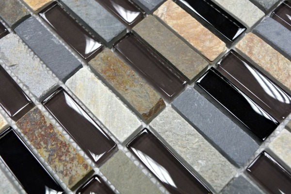 Rectangular mosaic tiles glass mosaic strips beige brown gray black natural stone tile backsplash wall bathroom kitchen - MOS87-1313