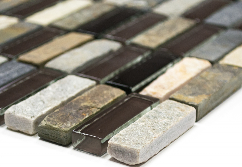 Rectangular mosaic tiles glass mosaic strips beige brown gray black natural stone tile backsplash wall bathroom kitchen - MOS87-1313