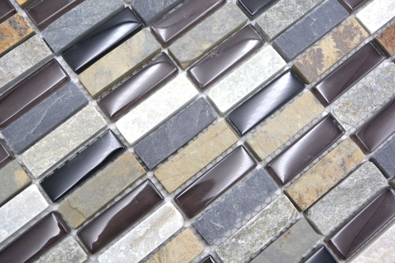 Rectangular mosaic tiles glass mosaic strips beige brown gray black natural stone tile backsplash wall bathroom kitchen - MOS87-1313