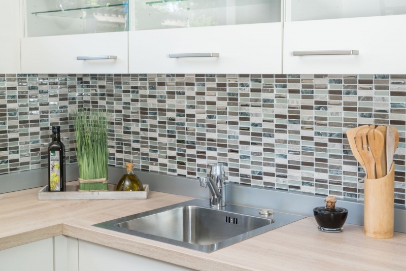 Rectangular mosaic tiles glass mosaic rods light brown silver gray natural stone marble tile backsplash kitchen wall - MOS87-SM68
