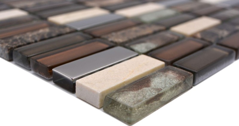 Rectangular mosaic tiles glass mosaic rods brown silver beige natural stone marble tile backsplash wall bathroom kitchen - MOS87-SM78