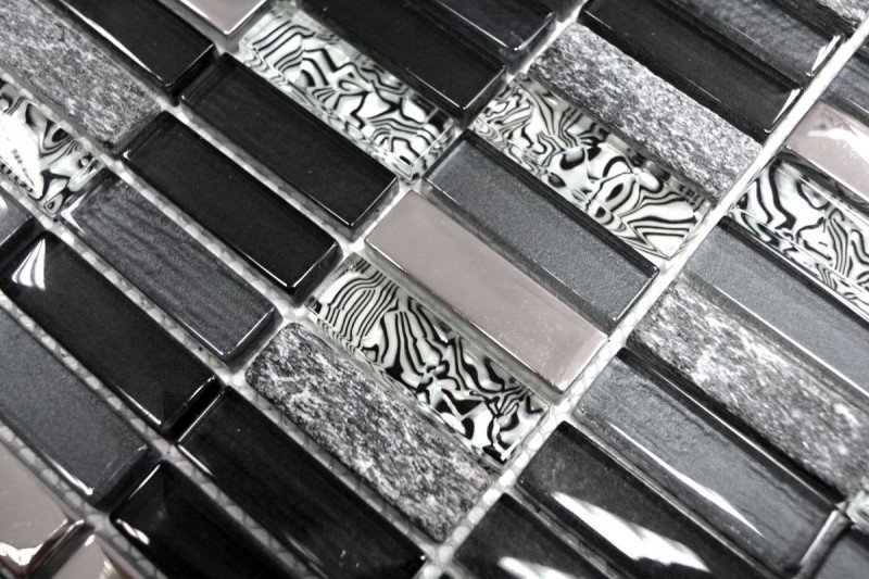 Rectangular mosaic tiles glass mosaic rods silver gray black anthracite natural stone kitchen splashback bathroom WC - MOS87-SM88