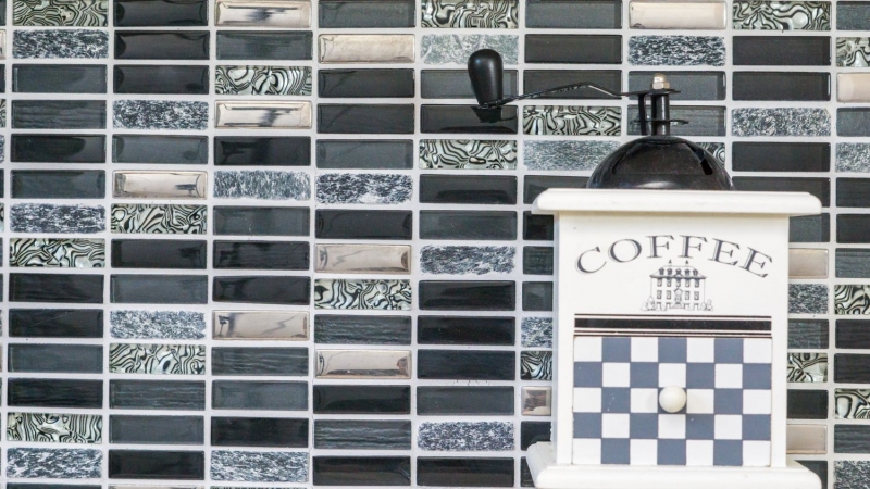 Rectangular mosaic tiles glass mosaic rods silver gray black anthracite natural stone kitchen splashback bathroom WC - MOS87-SM88
