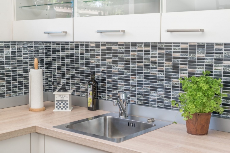 Rectangular mosaic tiles glass mosaic rods silver gray black anthracite natural stone kitchen splashback bathroom WC - MOS87-SM88