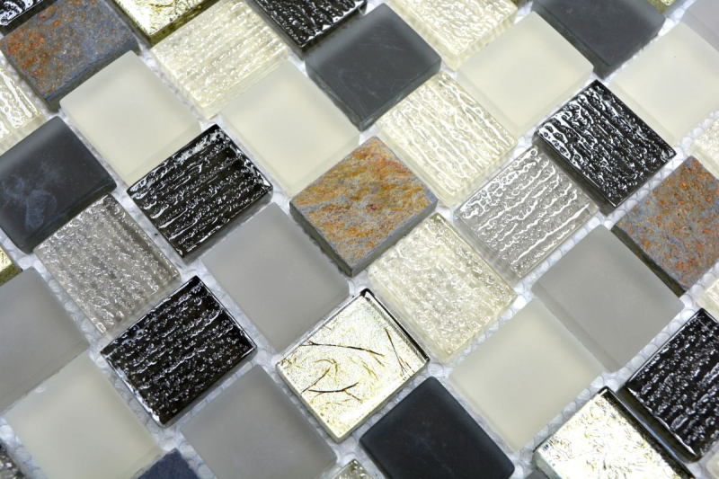 Hand-patterned mosaic tile Tile backsplash Translucent white gray rust Rectangle Glass mosaic Crystal stone rustic MOS82-0102_m
